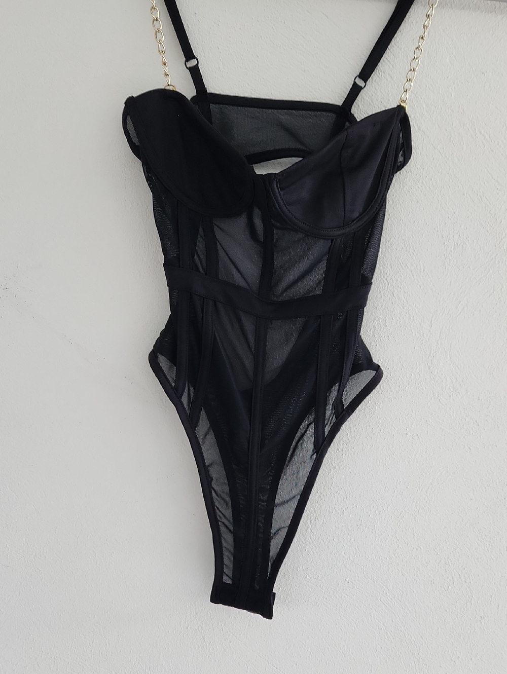 Black Sheer Mesh Bustier Bodysuit